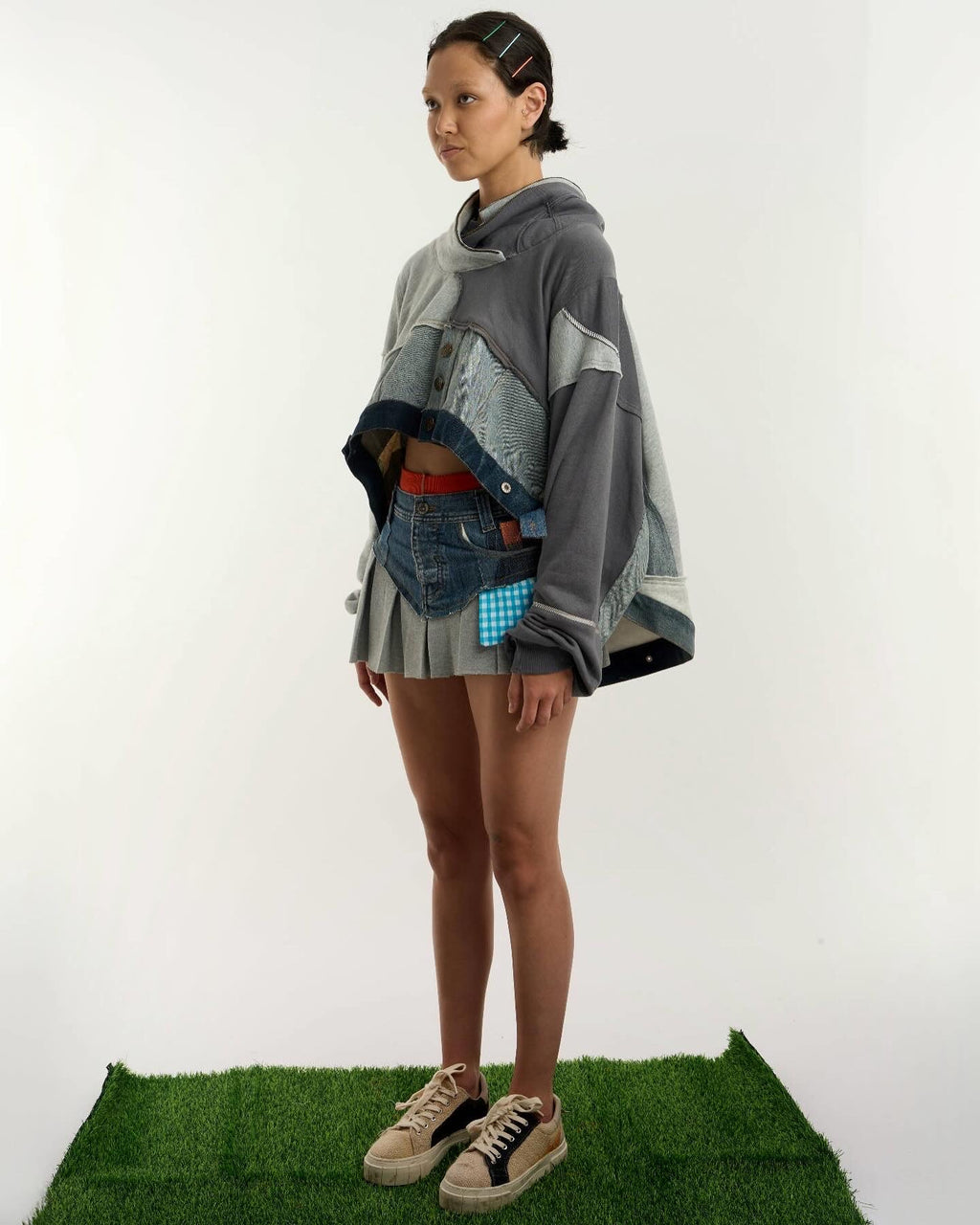 Patched Denim & Jersy Short Skirt