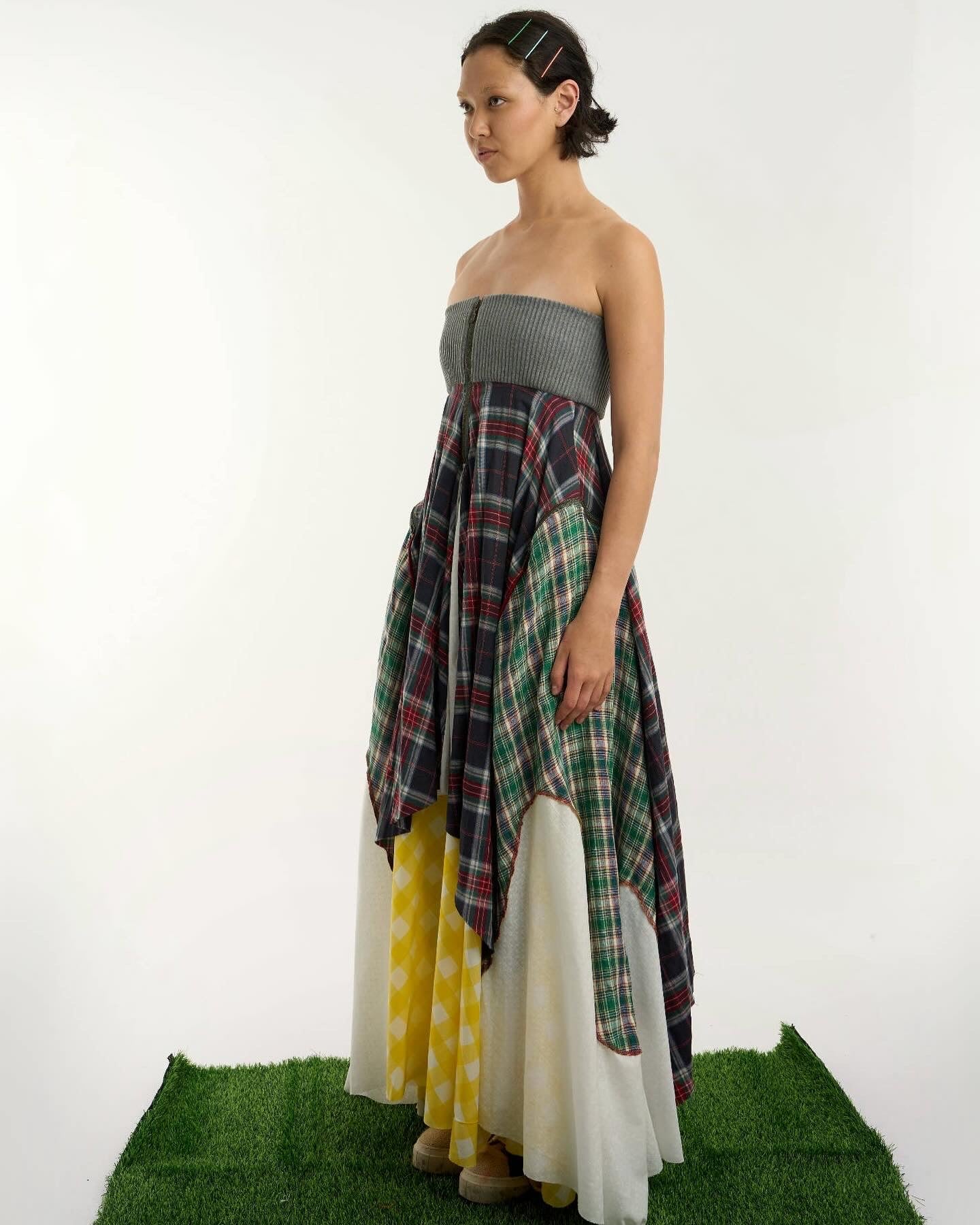 Patched Grid Pattern Long Dress