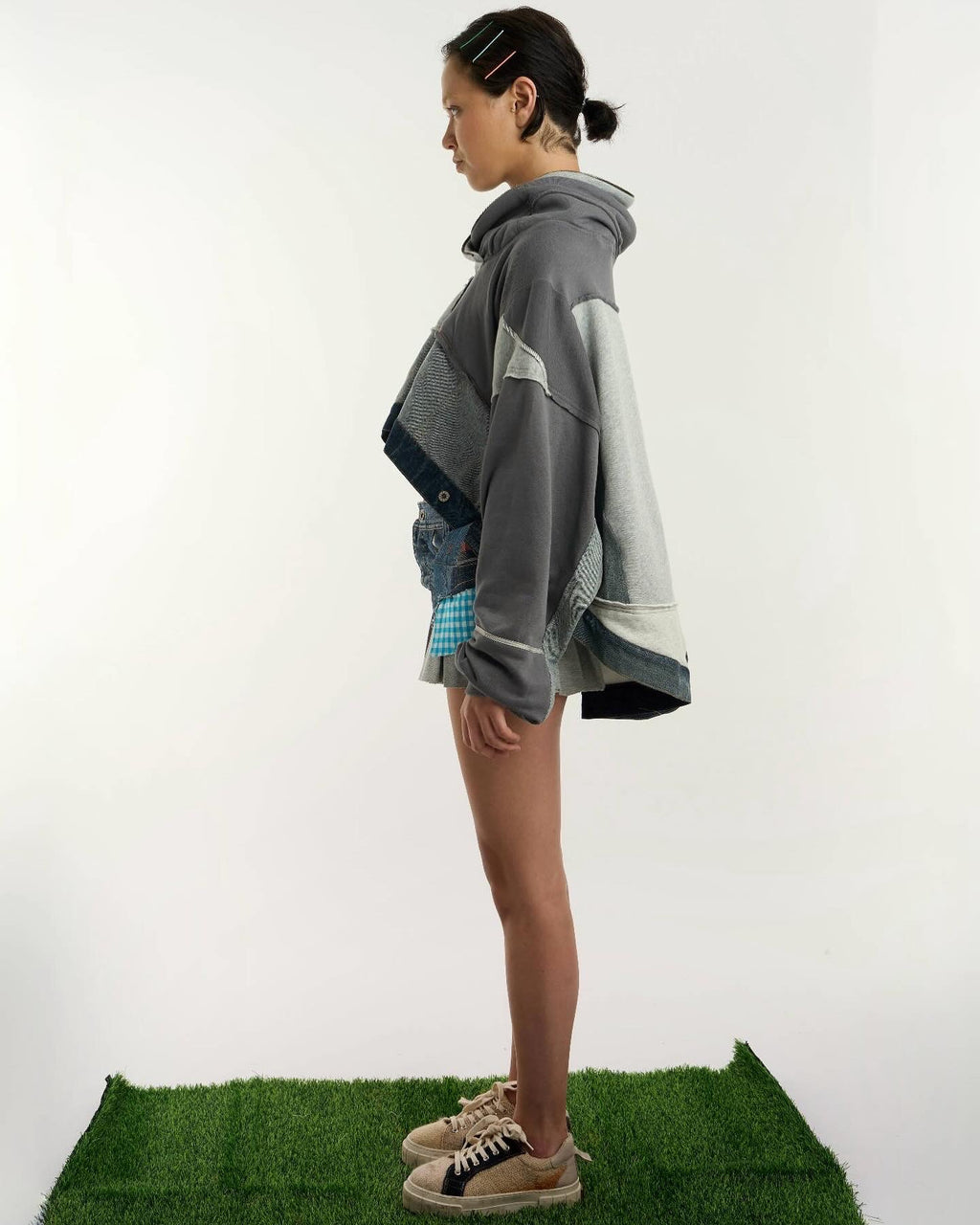 Patched Denim & Jersy Short Skirt