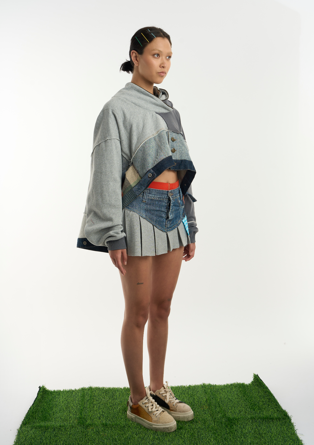 Patched Denim & Jersy Short Skirt