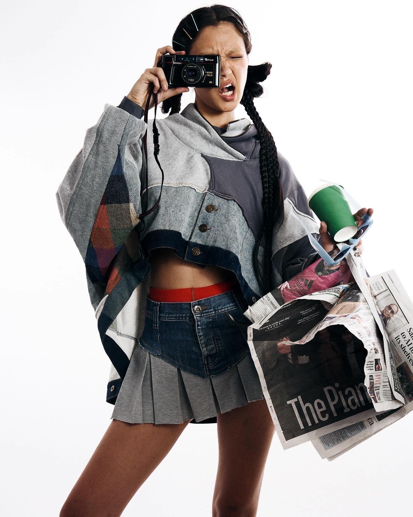 Patched Denim & Jersy Short Skirt