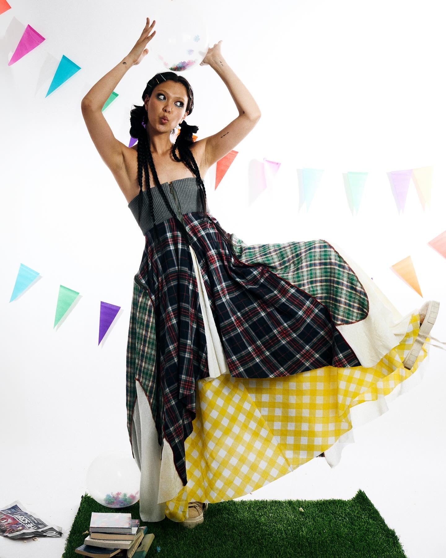 Patched Grid Pattern Long Dress