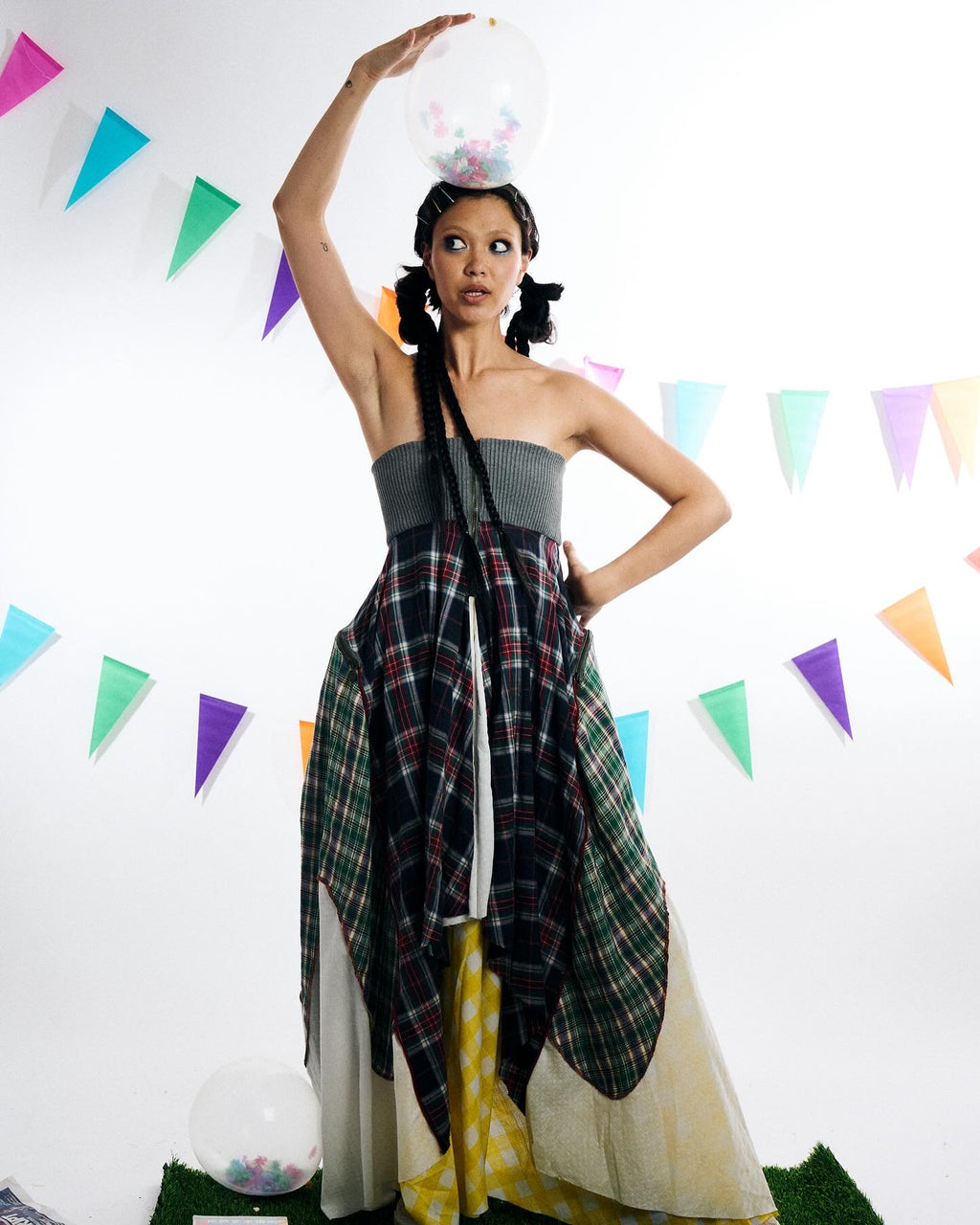 Patched Grid Pattern Long Dress